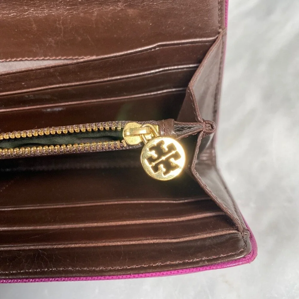 Tory Burch Continental Wallet Leather Zip Around Clutch Plum Purple 7.5x4‎